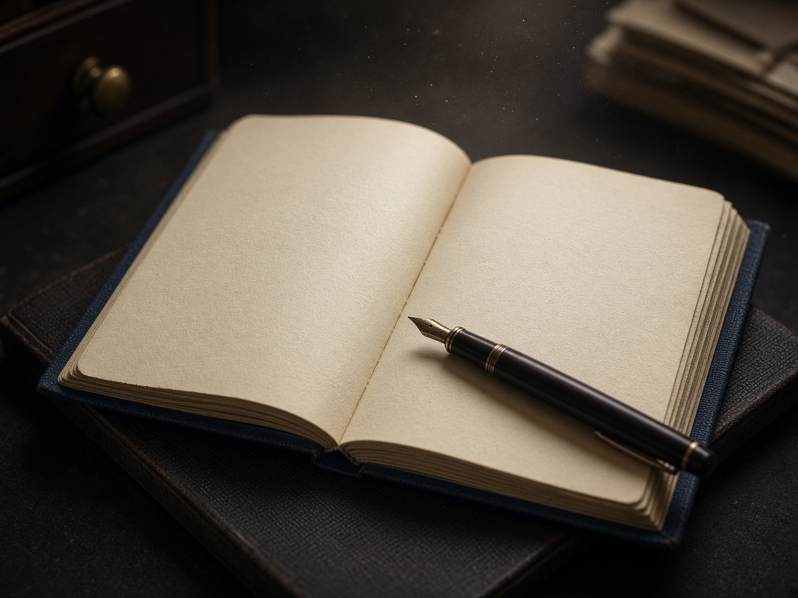 An open cloth-bound ledger and a fountain pen