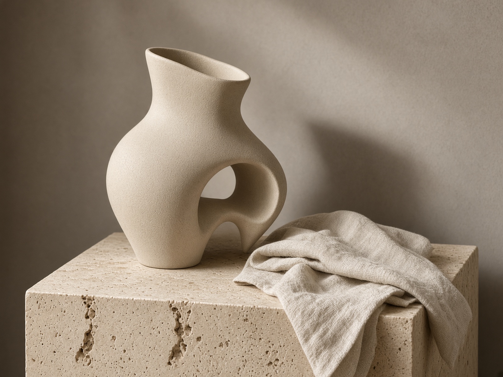 A modernist ceramic vessel on a limestone plinth