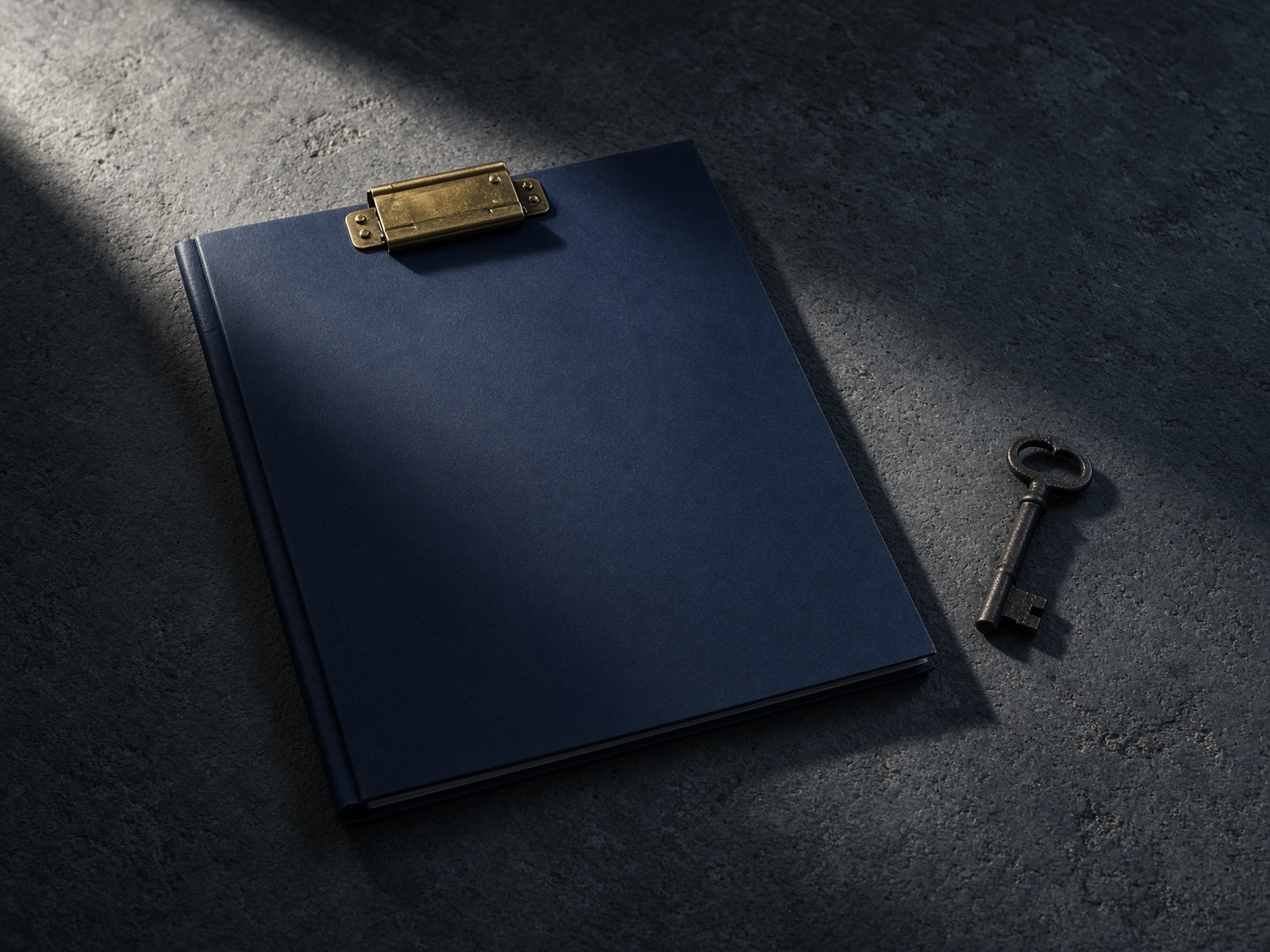 A navy legal folder and an iron key on a stone table