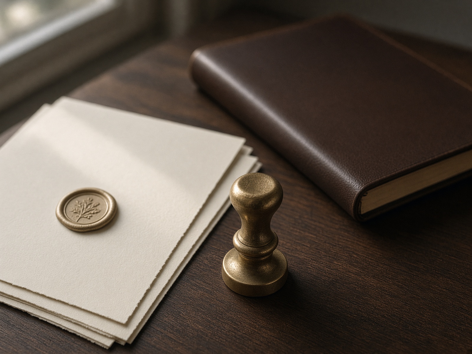 Brass seal stamp and cream stationery on a walnut desk