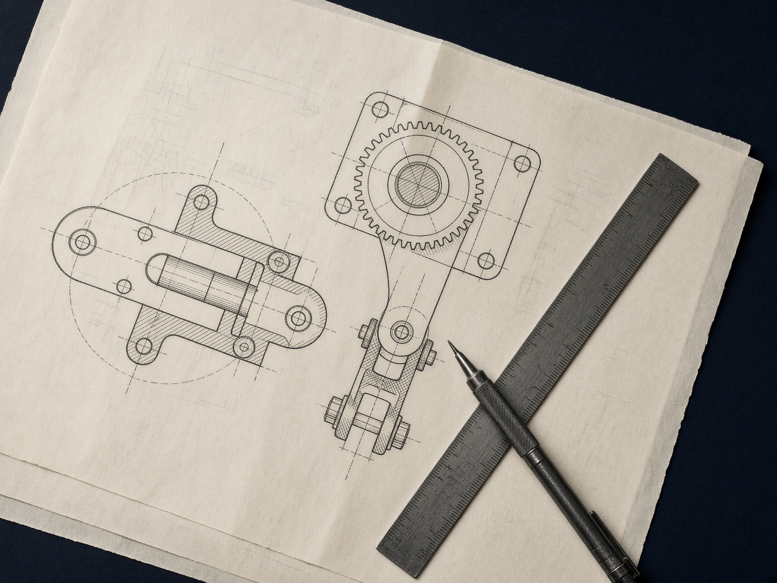 Technical drawings, a steel ruler and a mechanical pencil