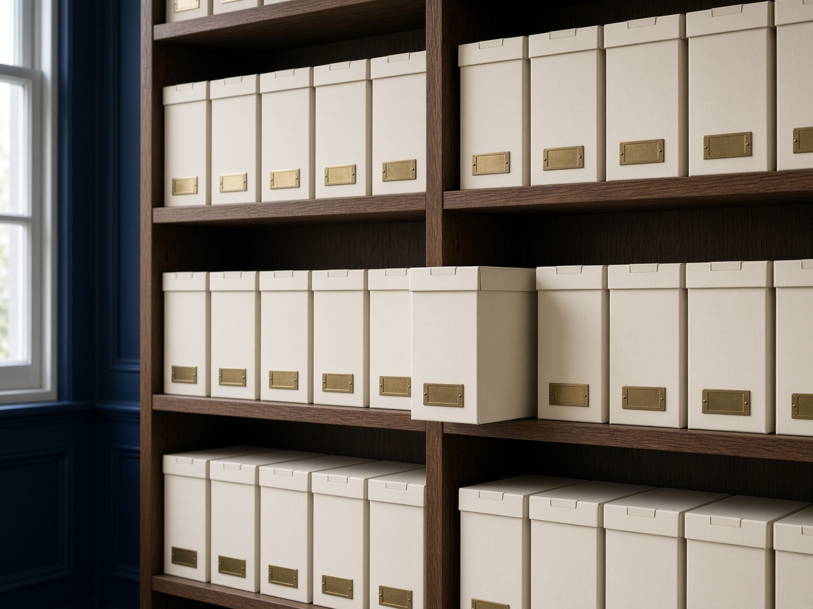 Cream archive boxes on dark oak shelves